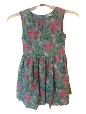 Mini Boden Girls 9-10Y Floral Bird Print Sleeveless Dress Blue Pink